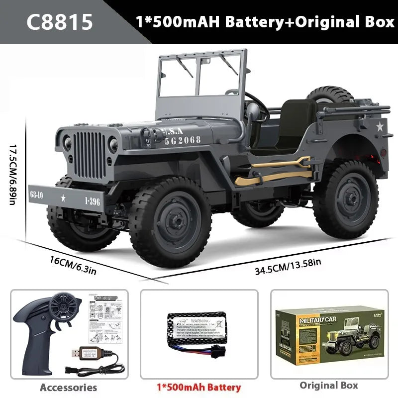 C8815 1/10 WILLYS 2.4G Rc Car 1941 4WD RTR Crawler Climbing Scale Military Truck Offroad Vehicle Adult Toys Gift For Kids