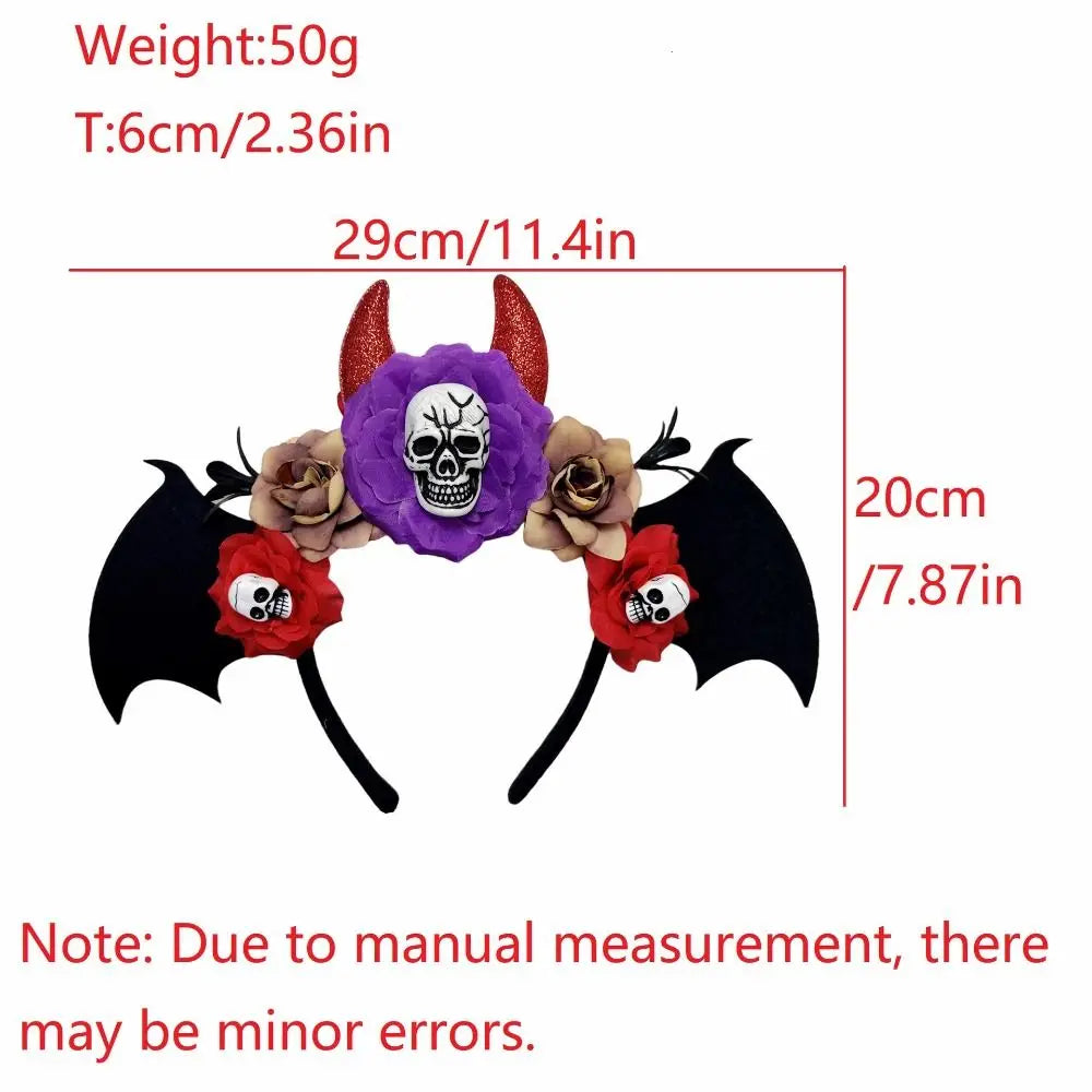 Gothic Skull Head Hair Hoop Simulation Flowers Bat Halloween Skull Headband Dark Decor Day of The Dead Hairband Girls/Children