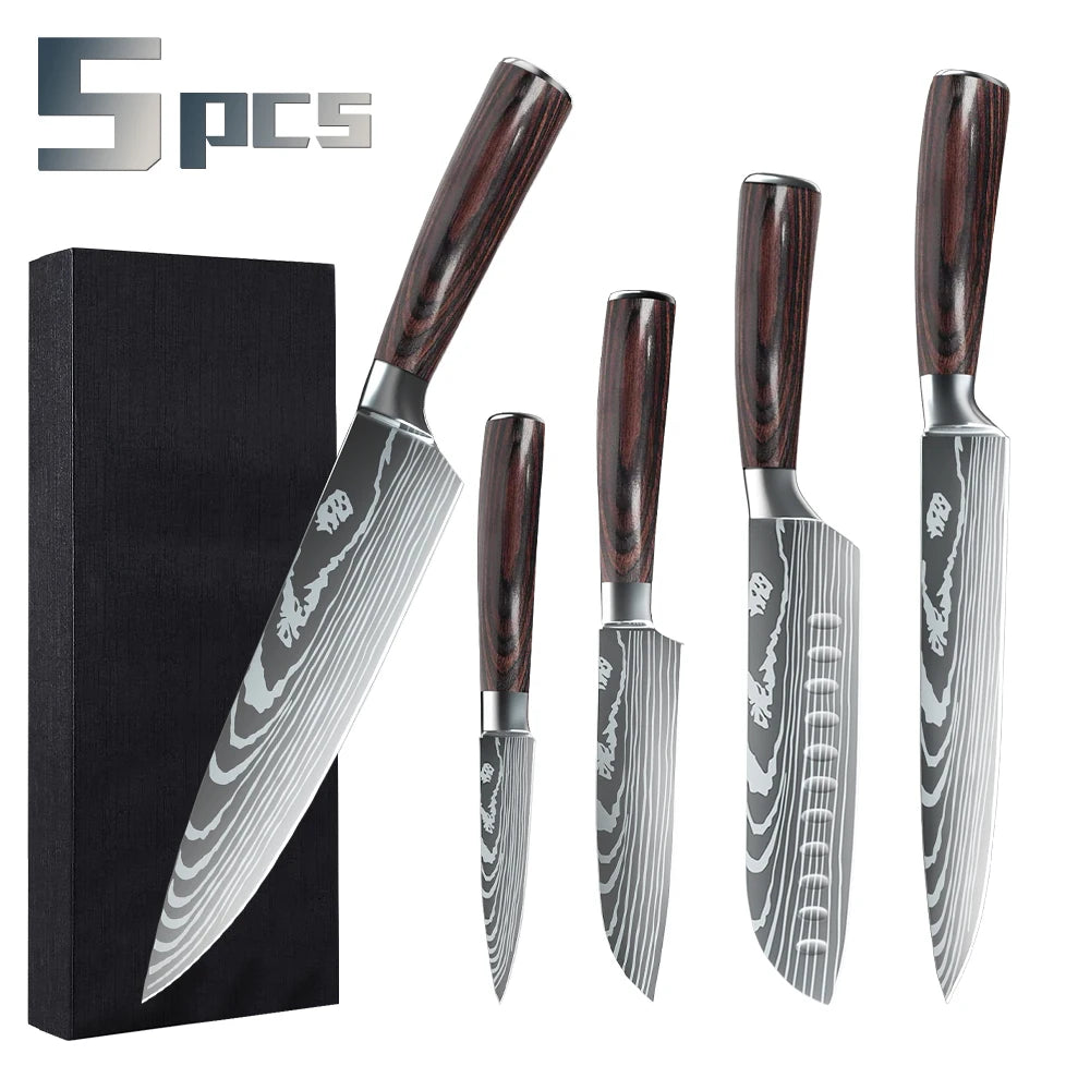 MDHAND 1-10PCS Chef knife Japanese Kitchen Knives Set Professional Laser Damascus Pattern Stainless Steel Cleaver Slicer Knife