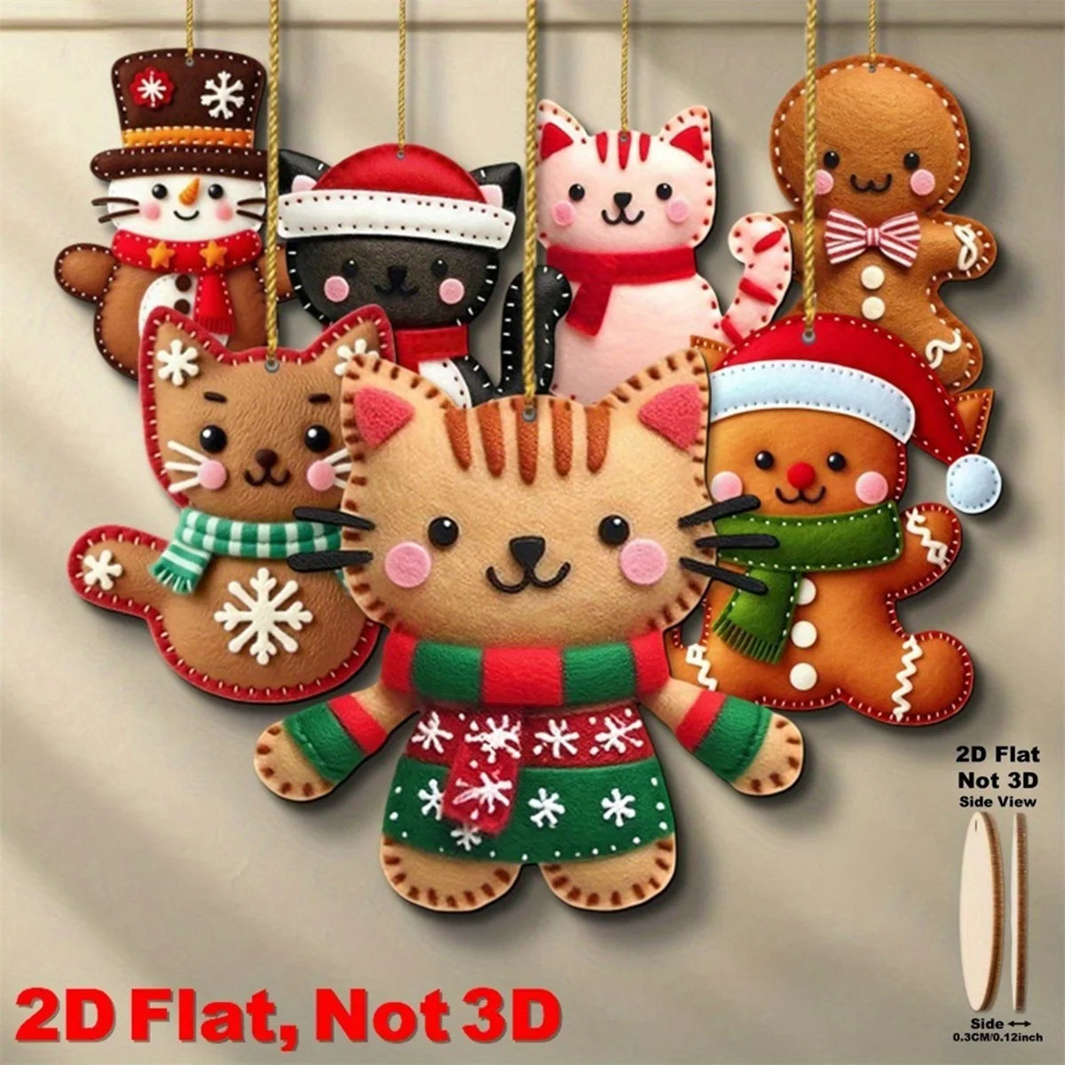 Wooden Christmas Cat Ornaments - Festive 2D Flat Hanging Decorations for Home Office and Holiday Celebrations - Set of 6