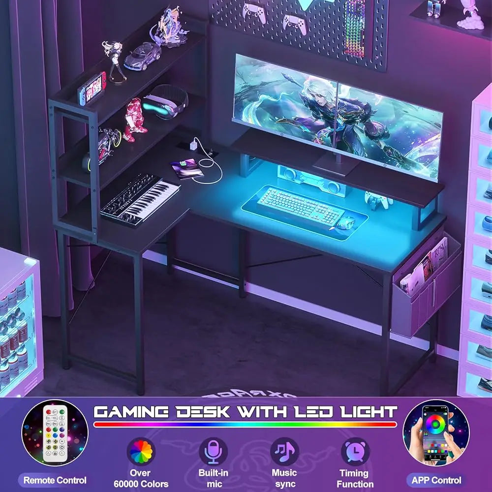 L Shaped Computer Desk With Bookshelf, 47 H Reversible Corner Gaming Desk With Charging Station & Led Light, Home Office Desk