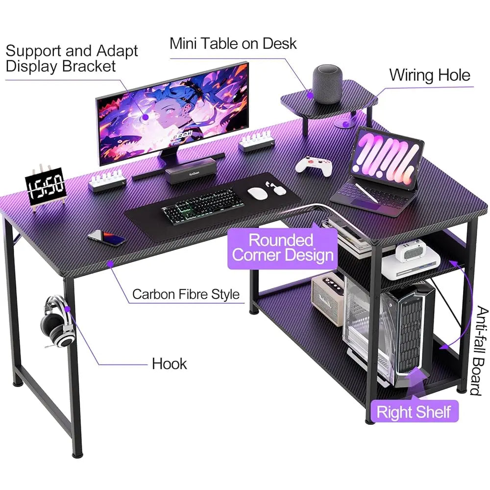 Gaming Desk L Shaped Desk Carbon Fiber Style Computer Desk Compatible With Monitor Arm Storage Shelves Corner Gaming Desk For