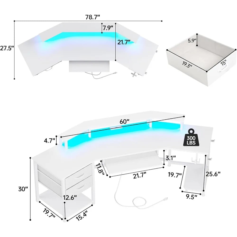 79" Gaming Desk, Computer Desk with 2 Fabric Drawers & LED Light, White Small Desk with Storage for Home Office, Carbon Fiber W