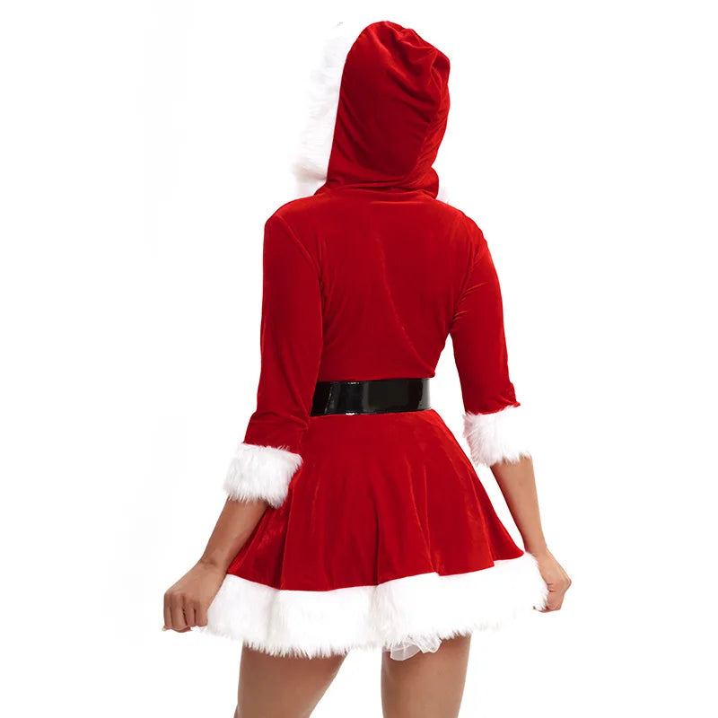 New Fashion Women Half Sleeve Solid Popular Ladies Santa Claus Xmas Theme Costume Cosplay Outfit Waistbelt Fancy Christmas Dress