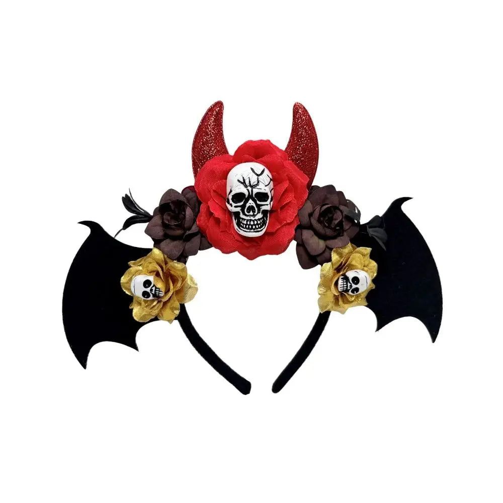 Gothic Skull Head Hair Hoop Simulation Flowers Bat Halloween Skull Headband Dark Decor Day of The Dead Hairband Girls/Children