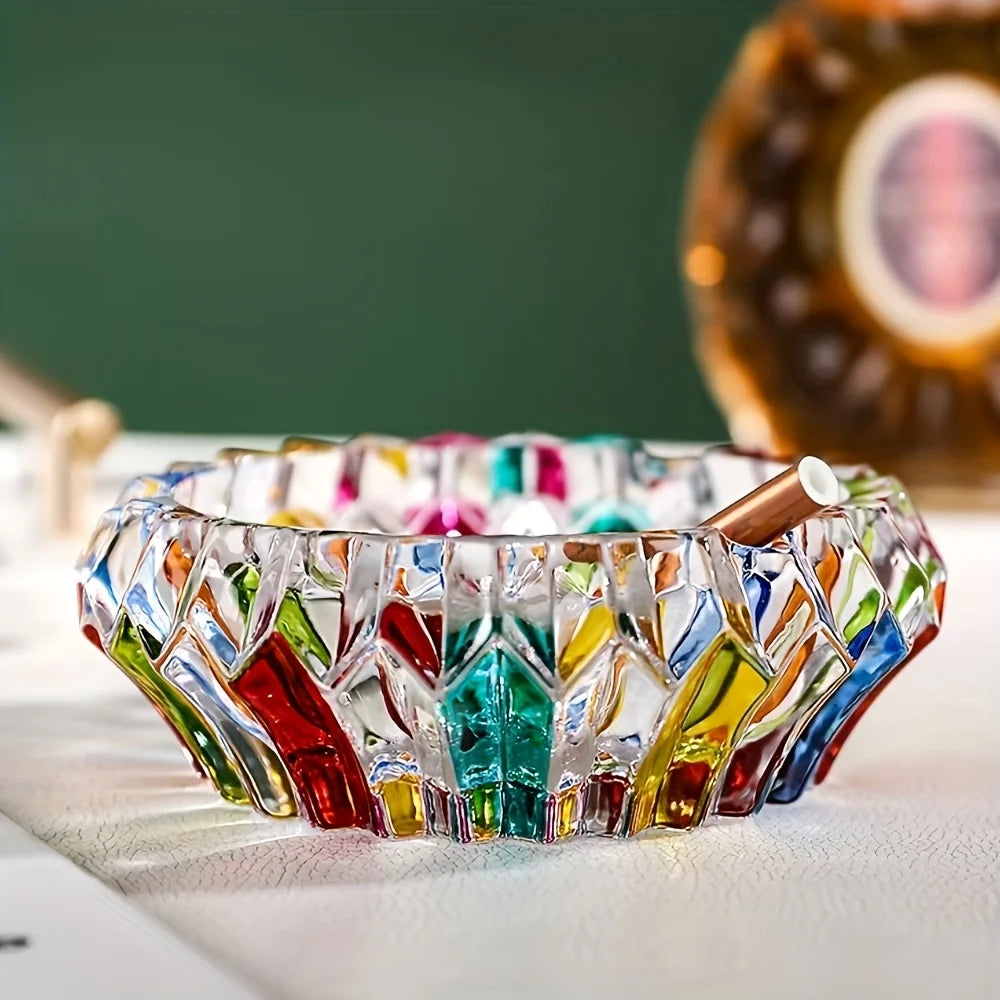 Elegant glass ashtray – perfect for home and office decoration, colorful round design, ideal for living rooms.