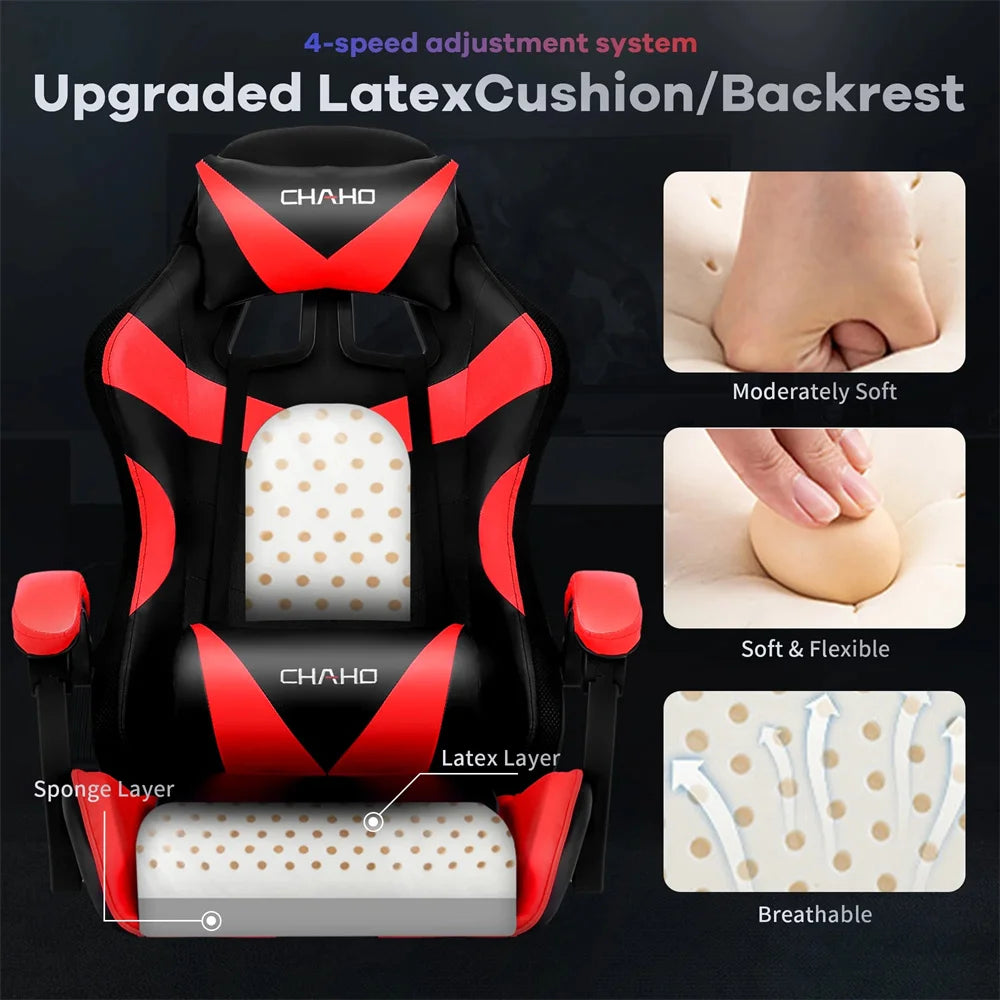 Ergonomic Gaming Chair, Gaming Chair with Speaker & LED Lights, Computer Racing Chair for Adults, PU Leather Office Chair, Red