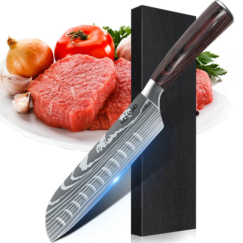 MDHAND 1-10PCS Chef knife Japanese Kitchen Knives Set Professional Laser Damascus Pattern Stainless Steel Cleaver Slicer Knife