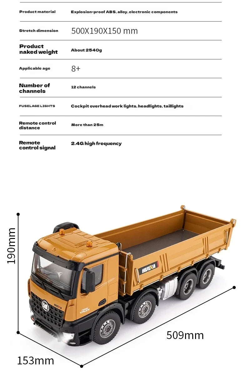 Huina 1536 1/14 Semi Alloy Transport Eight Wheeled Dump Truck With Sound And Light Remote Control Engineering Vehicle Toy Gift