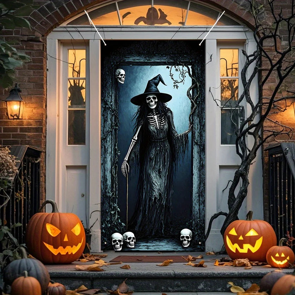 Halloween decoration party banner, terrifying skull Witch pattern polyester Halloween door hanging - Halloween party
