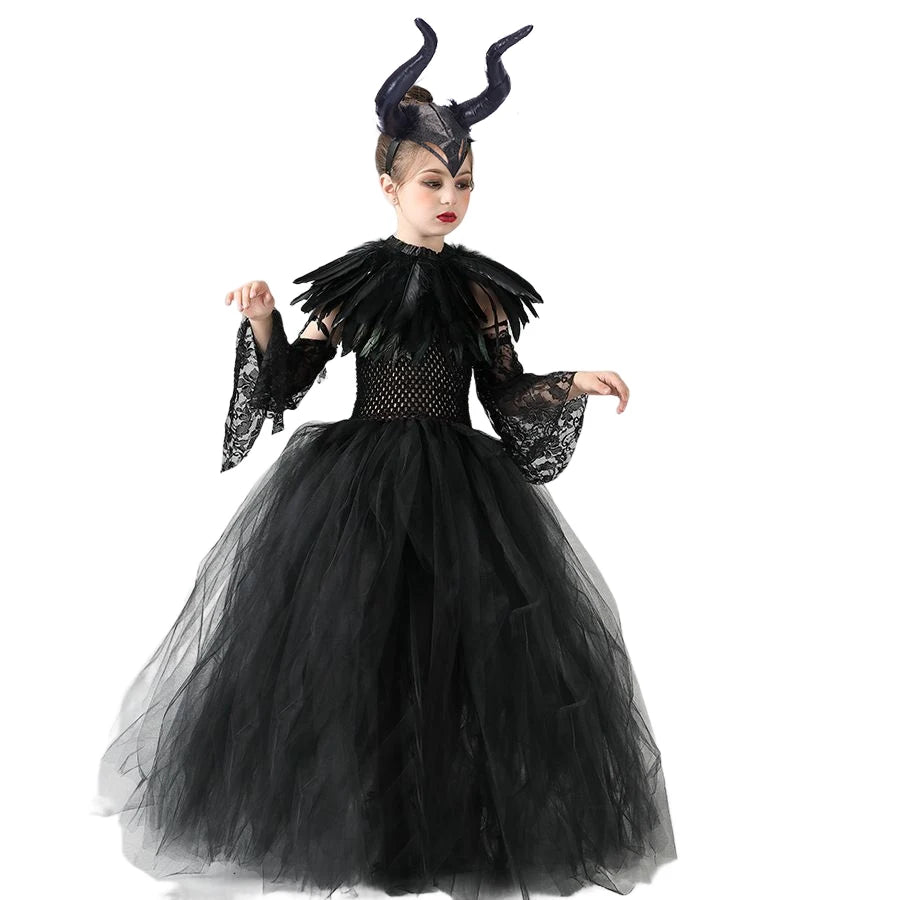 Carnival Costume Maleficent Tutu Girls Cosplay Evil Queen Black Mesh Princess Dress Children's Raven Wand Demonic Witch Dress