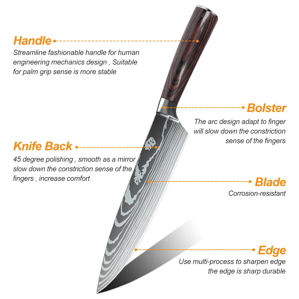 MDHAND 1-10PCS Chef knife Japanese Kitchen Knives Set Professional Laser Damascus Pattern Stainless Steel Cleaver Slicer Knife