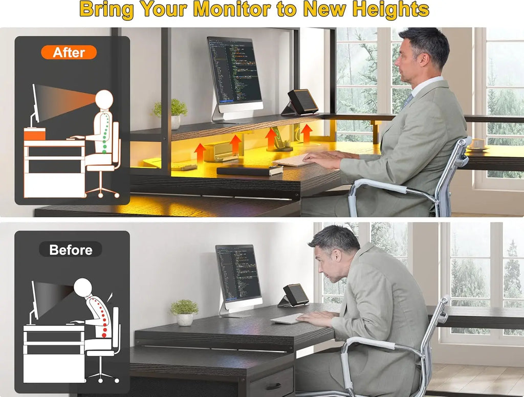 Large L Shaped Gaming Desk with Hutch and Drawers,64" W L Shaped Desk with Storage Shelves,Monitor Stand and LED Light for Home