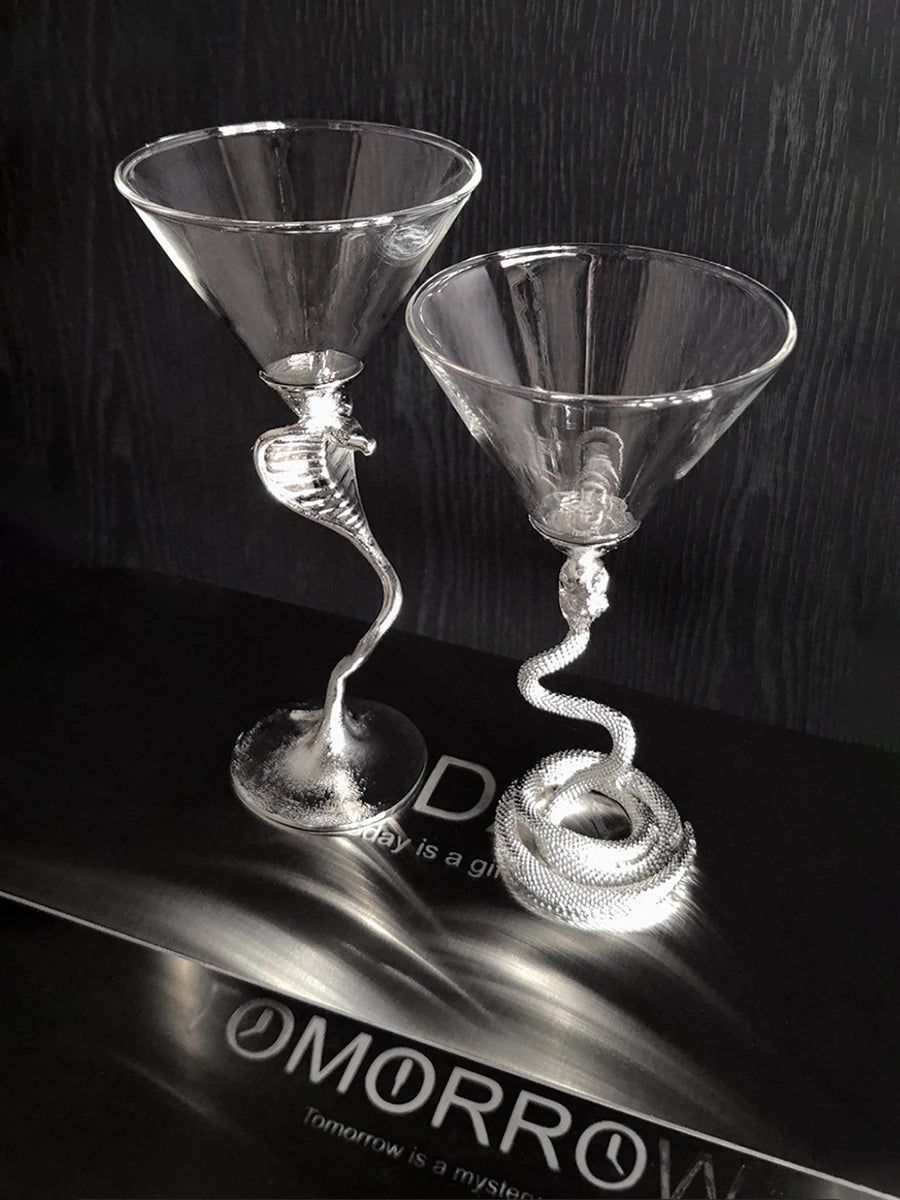 Black Snake Martini Glass, Silver Snake Wine Glass Creative Gothic Cocktail Martini Goblet Drinking Cup for Bar Party Home Decor