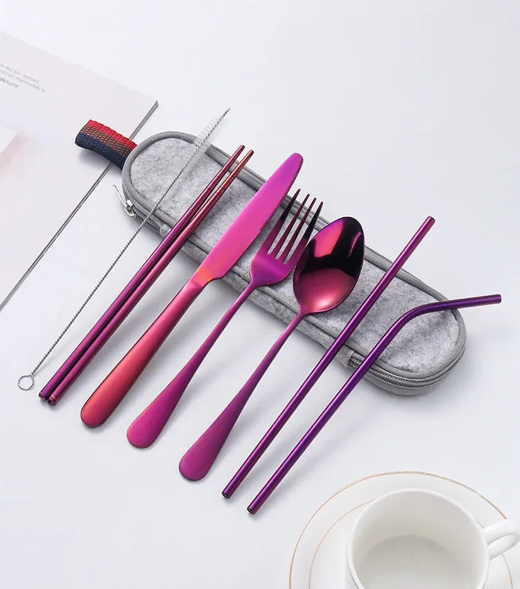 8 Pieces Cutlery Set, Stainless Steel Western Tableware, Classic Dinner Set, Knife, Fork, Straw, Restaurant Dining Dinnerware
