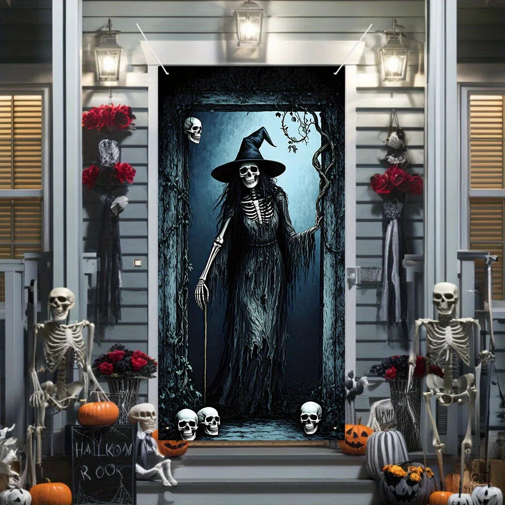 Halloween decoration party banner, terrifying skull Witch pattern polyester Halloween door hanging - Halloween party