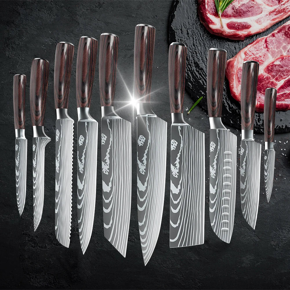 MDHAND 1-10PCS Chef knife Japanese Kitchen Knives Set Professional Laser Damascus Pattern Stainless Steel Cleaver Slicer Knife