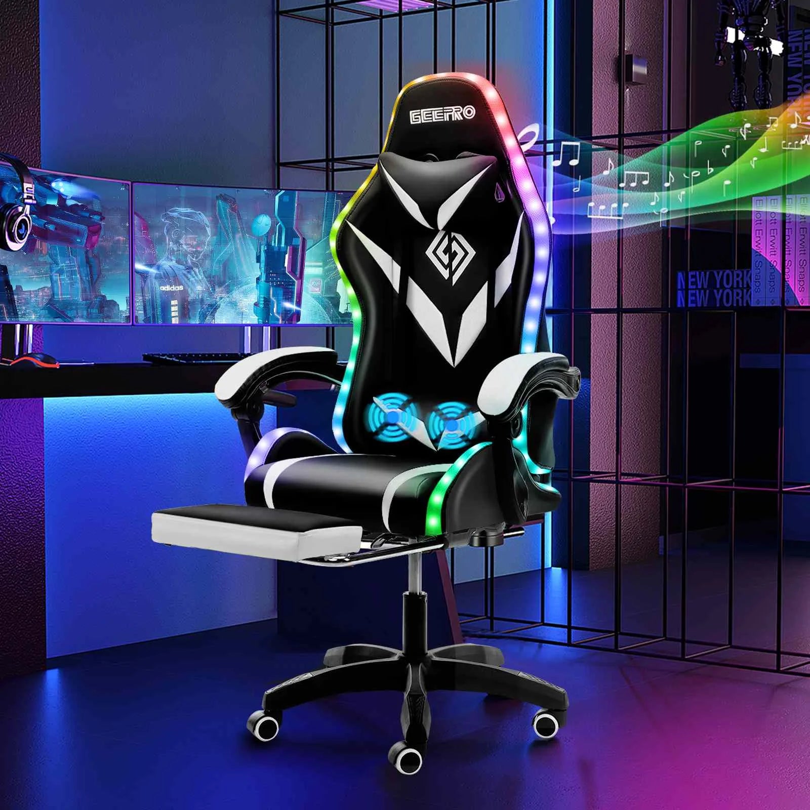 135 Degrees Gaming Chair RGB Light Office Chair Bluetooth Speaker Gamer Computer Chair Ergonomic Swivel 2 Point Massage Recliner