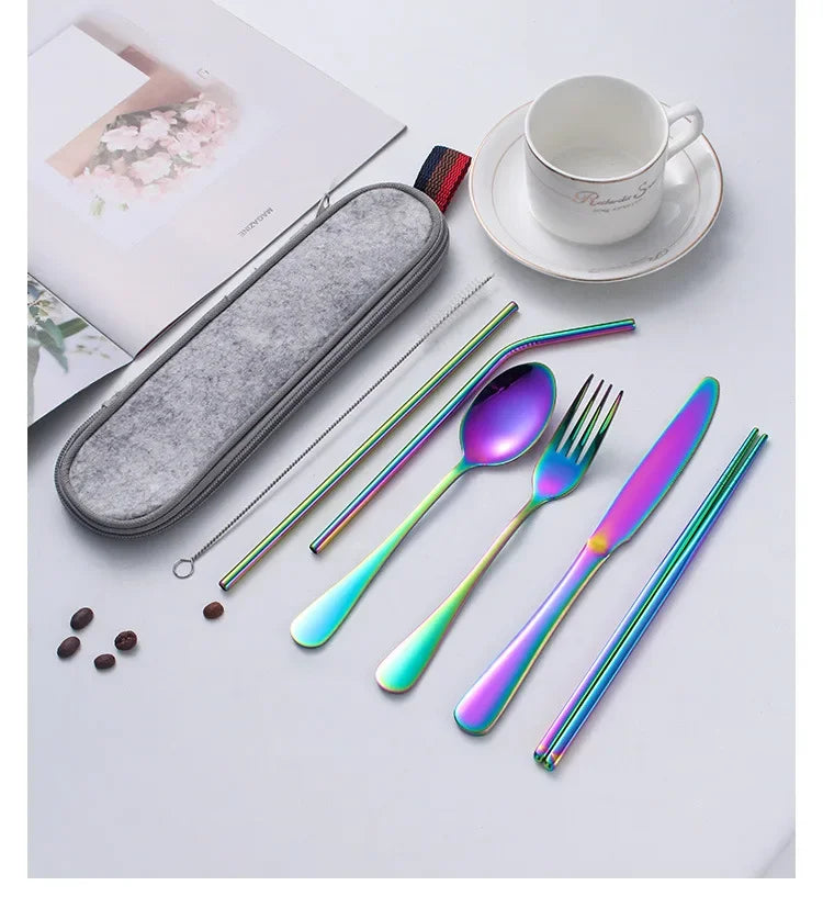 8 Pieces Cutlery Set, Stainless Steel Western Tableware, Classic Dinner Set, Knife, Fork, Straw, Restaurant Dining Dinnerware