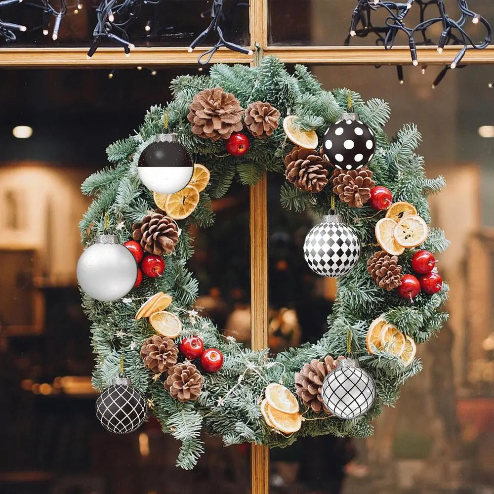 12pcs 8cm Christmas Balls Ornaments Funny Wooden Shatterproof Christmas Tree Decorations black white ball Christmas Decor