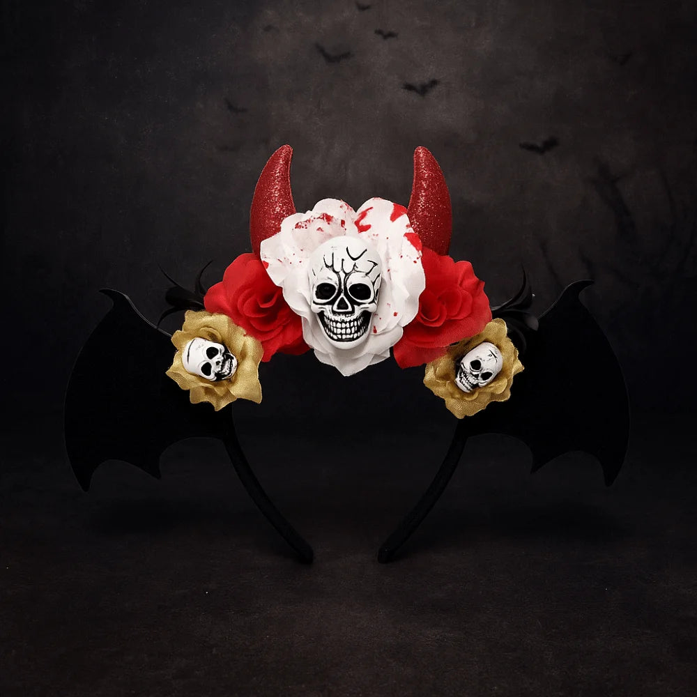 Gothic Skull Head Hair Hoop Simulation Flowers Bat Halloween Skull Headband Dark Decor Day of The Dead Hairband Girls/Children