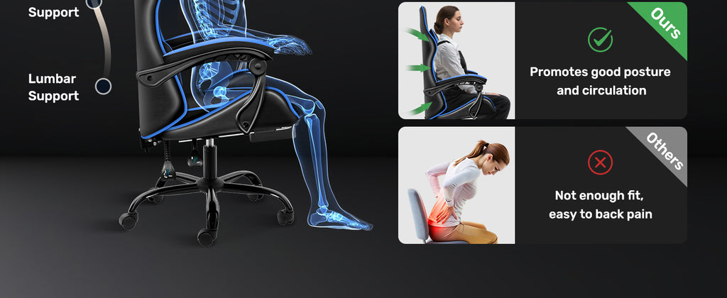 Racing Style Gaming Chair | Black & Blue Dual-Tone, Ergonomic Lumbar Support & Retractable Footrest | 360° Swivel, Full Recline,