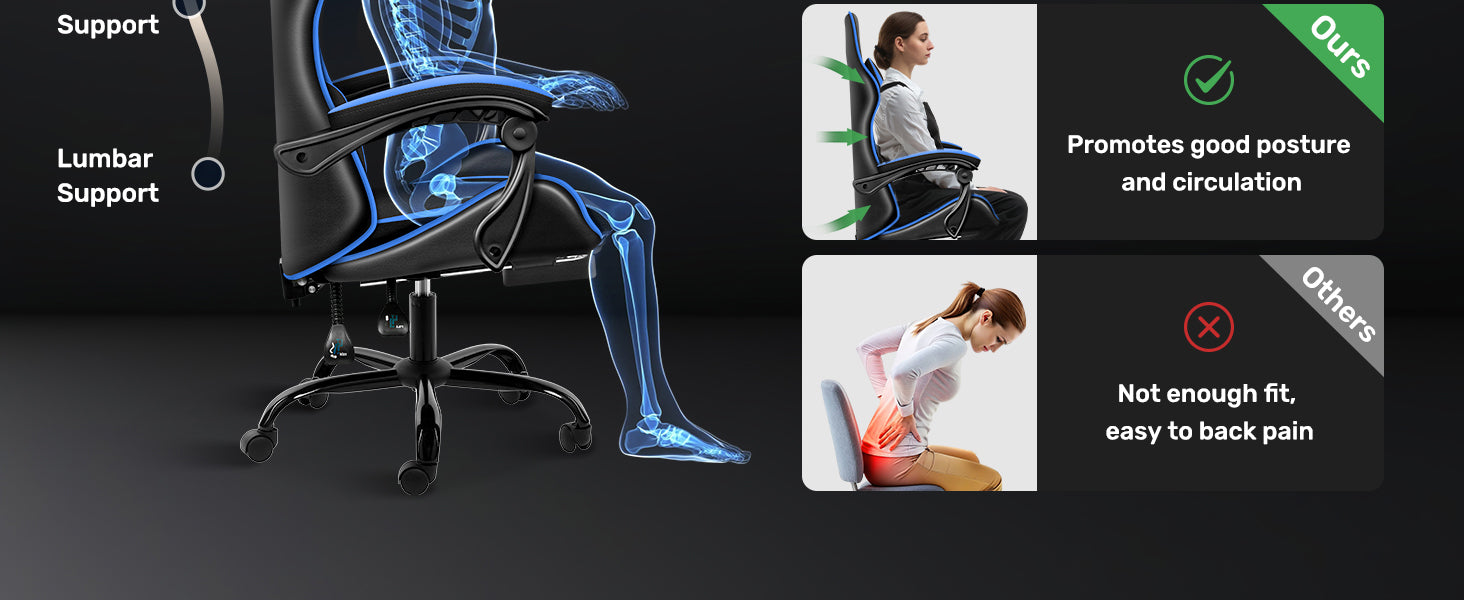 Racing Style Gaming Chair | Black & Blue Dual-Tone, Ergonomic Lumbar Support & Retractable Footrest | 360° Swivel, Full Recline,